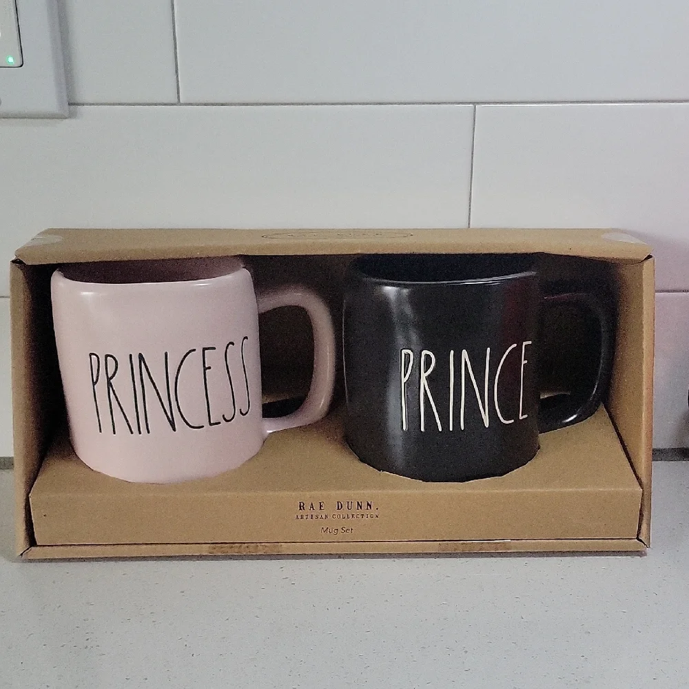Rae Dunn Princess Prince Pink Black Mug Set Brand New